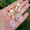 Boucles d'oreilles KKGEM 20mm Quartz Rose forme hexagonale 5-6mm perle blanche de culture balancent bijoux en pierres précieuses