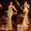 Plus Size Gold Luxurious Prom Dresses Long Sleeves Sheer Neck Decorated Colorful Beaded and Sequins Mermaid African Nigeria Lace Style Evening Gowns