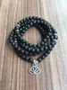 Strang 108 Mala Perlen Mattschwarz Onyx Armband Lotus 4 Runden Armbänder Anhänger Yoga Gebet