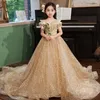 Vestidos de concurso de meninas brilhantes Apliques de renda de bling Apliques de flores para meninas para casamento Lssweep Train ouro lantejoulas de lantejoulas Fezão Frist Communion Dress 403