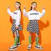 Stage Wear Kid Kpop Hip Hop Vêtements Blanc Crop Top À Manches Longues T-shirt Streetwear À Carreaux Jupe Mini Pour Fille Jazz Danse Costume Vêtements