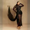 2023 Plus Size Gorgeous Lace Prom Dress Black High Neck Long Sleeves Mermaid African Arabric Evening Gowns Elegant Outfit