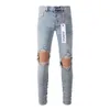 Men s jeans 2023 Ankomst lila varumärke High Street Light Blue Denim Slim Fit Washed Damaged Destoed Hole Stretch Solid 231114