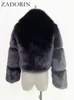 Dames lederen faux ZADORIN luxe designerkleding dames cropped zwarte bontjas lange mouwen pluizige jas winterjassen 231114