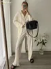 Women's Two Piece Pants Clacive Causal Loose Home Suit Autumn Long Sleeve Blouse With High Wasit Pants Set Women Elegant Pleated Beige 2 Piece Pant Sets 230414