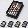 Upscale 5pcsset Tableware Set Rose Golden Spoon Fork Knife Dinnerware Black Flatware Colorful Rainbow Gold Cutlery Box