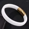 Charm Bracelets Trendy Men White Braided Leather Bangles Jewelry Stainless Steel Magnet Clasp Fashion Male Wristband Gift SP0006