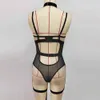 Sexy conjunto feminino sexy lingerie sensual halter bodysuit roupa interior erótica renda perspectiva malha sutiã oco para fora conjunto trajes exóticos alças de perna 23115