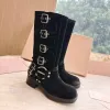 Women boots designer boots woman Harness Belt Buckled cowhide leather Biker Knee Boots chunky heel zip Knight boots Fashion square toe Ankle Booties