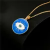 S03577 Copper Gold Plaid Enamel Turkish Blue Eye Round Pendant Necklace For Women Evil Eyes Choker Necklaces