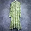 Casual dress with tie up V-neck, green silk cotton print, waist up dress, elegant and slim, large swing long skirt