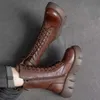 Buty zimowe buty dla kobiet okrągłe buty kostki na środku obcasy dla kobiet koronkowe ciepłe buty śnieżne retro dama platforma motocyklowy kobiety 231115