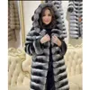 Cappotto da donna in vera pelliccia finta con cappuccio Giacca lunga invernale Large Rex Rabbit Chinchilla con cappuccio da donna 231114