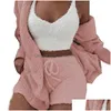 Tweedelige jurk Dames Polyester Thuispyjama Driedelige set Zacht Y-slee Winter Pluche Casual Slaapkamervest Blouse Korte broek Vest D Dhzqw