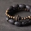 Strand Barrel Lava Rock Stone Brass Charm Bead Armband Punk Essential Oil Hand Forged Rugged Wrist Smycken Unika män Kvinnor Tillbehör