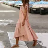 Casual Dresses Boho Loose Maxi Dress Summer Vneck Pure Color Beach Vestidos Blue Short Sleeve For Women Aline Robe Femme 230414