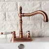 Waschbeckenarmaturen aus rotem Kupfer an Deck montierter Wasserhahn Becken zwei Löcher Wasserhahn Doppelgriff und Mischbatterien für kaltes Wasser Wrg049