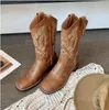 Designer Luxury Cowboy Boots For Womens Tall Boots Shoes Style Brown Leather Biker Boots Round Toe Chunky Heel Martin Boots Belt Buckle Trim
