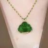 Pendant Necklaces Natural Green Agate Jade Maitreya Buddha Necklace Exquisite Fashion Golden Inlaid Sweater Chain Women's Banquet