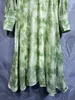 Casual dress with tie up V-neck, green silk cotton print, waist up dress, elegant and slim, large swing long skirt