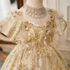 Feather Flower High Neck Crystal Necklace Long Train 3d Floral Apliques Girls Pageant Dresses Lovely Gold Shiny Bling Flowers Birthday Dress 403