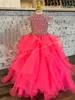 High Collar Girl Pageant Dress 2023 Cap Sleeves Ballgown Crystals Ruffled Organza Kids Birthday Formal Party Gown Toddler Teens Preteen Little Miss Handkerchief