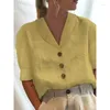 Blouses feminina feminina linho de algodão feminino top outono camisa casual manga longa stand up colar botão deco