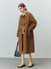 Women's Fur Faux Fur FSLE 100% Wool Double-sided Woolen Horn Button Coat Temperament Camel Mid Length Straight Coat Office Lady Polo Neck Wool Jacket 231115