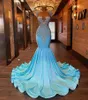 Party Dresses Long Sparkly Prom 2023 Sexig Sheer Top Luxury Diamond Light Blue Black Girls Mermaid Gala Gowns