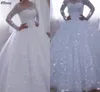 Scintillanti paillettes bianco avorio abito da ballo abiti da sposa gioiello collo maniche lunghe abiti da sposa musulmani soffio lungo strascico moderno taglie forti abiti da sposa sposa CL2927