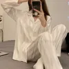 Kadın pijama ipek uzun kollu pijama kadınlar için set bayanlar bahar sonbahar dikey şeritler uyuyor evde gece kıyafetleri 230414