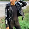 Femmes cuir Faux Fitaylor automne hiver femmes Graffiti impression veste dame Moto vélo PU manteau décontracté Rivet avec ceinture 231115