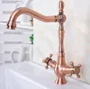 Kökskranar antika röda koppar mässing Dual Cross Handtag Badrum Basin Sink Faucet Mixer Tap Swivel Spout Deck monterad MNF617