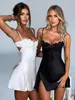 Casual Dresses 2023 Summer Sexy Lace Patchwork Backless Short Dress Women's Trendy High Waist Bandage Evening Party Slip White Black