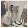 Boots Brand Cross Strap Nited Retro Silvery Knee High Spicy Girl Pointed Heel Motorcykel Fashion Women Shoes 231115