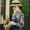 Vêtements ethniques 2023 chinois évider fleur impression à manches longues Style rétro femmes élégantes Blosue col montant mode haut ample G500