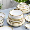 High-quality Matte Gilt Rim White Porcelain Dinner Tray Kitchen Plates Ceramic Tableware Food Dishes Rice Salad Noodles Bowl