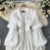 Casual Dresses Mesh Lantern Sleeves Long Slit Shirt Women High midje Tunna Fairy Chiffon Blus Jacket French Design Sense Mujer Bulus 2023