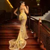 Plus Size Gold luxuriöser Abschlussballkleider Langhärme schiere Nacken dekorierte farbenfrohe Perlen und Pailletten Meerjungfrau Afrikanische Nigeria Spitzenstil Abendkleider