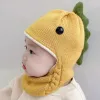 Gorros de bola de punto de invierno para bebé, gorros con bufanda, gorros de abrigo para niños y niñas, gorros de abrigo con orejeras de dinosaurio para niños, gorro de moda