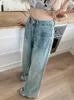 Kvinnors jeans kvinnor hög midja bred ben för höga flickor harajuku streetwear design klippa ut fickor långa denimbyxor