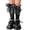 Women Socks Summer Diamond Lolita Girls Lace Mid-Tube Tulle Transparent Bow Stockings Calf Black White