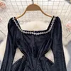 Robes Décontractées Français Vintage Hepburn Style Velours Robe Avec Diamant Col Carré Manches Longues Poché Petit Noir