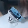 Solitaire Ring 925 Stamp Exaggerated Atmosphere Dark Blue Zirconia Ring Women's New Party Birthday Jewelry Gift Wholesale 231115