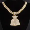 RSQ European and American Large Dollar Money Bag Pendant Alloy Full Diamond Cuban Chain Necklace Pendant