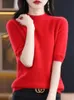 Women's Sweaters Spring Summer 100% Merino Wool Pullover Sweater For Women Half-sleeve Mock-neck Hollow Cashmere Knitwear Female Clothing Fashion 231115