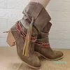 Boots Retro Ethnic Style Western Cowboy Round Toe Block Heel Tassel Braid Short Leg Women's Large Size Shoes