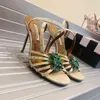 新しいAquazzura Crystal-Embellished Slingback 105mm Sandals Leather Ankle Strap Stileetto High Heels Brand Pumps女性デザイナーラグジュアリーファッションイブニングパーティーシューズ