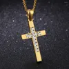 Pendant Necklaces Arrive 316L Stainless Steel Gold Cross Crucifix Top CZ Stone Men Women Necklace Free Box Chain 24" Wholesale/Retail