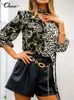 بلوزات نسائية سيلميا أزياء الأزياء ربطة عنق المكتب سيدة Leopard Print Tops Tops Women Patchwork Tic Chics 2023 Summer 3/4 Puff Sleeve